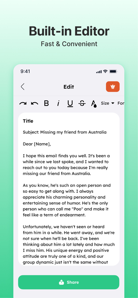 Interfaz del editor de texto incorporado en la aplicación Escritor IA mostrando un borrador de correo electrónico con herramientas de formato