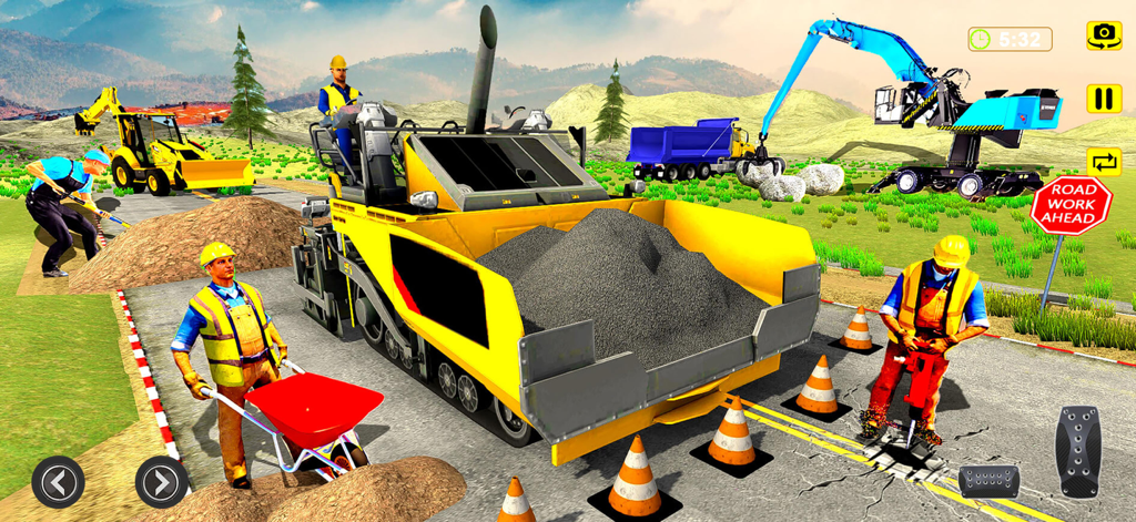 Heavy Excavator Simulator 2025 - Construction workers and heavy machinery operating on a road work site in a simulation game.