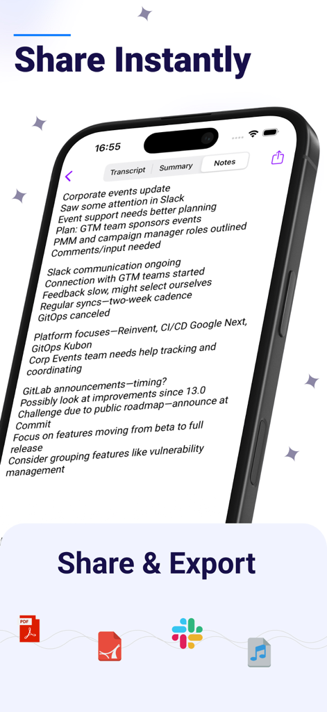 AI Meeting Notes - SlackおよびPDF統合を備えた会議要約の共有およびエクスポートオプションを示すiPhone上のAI議事録アプリインターフェース。