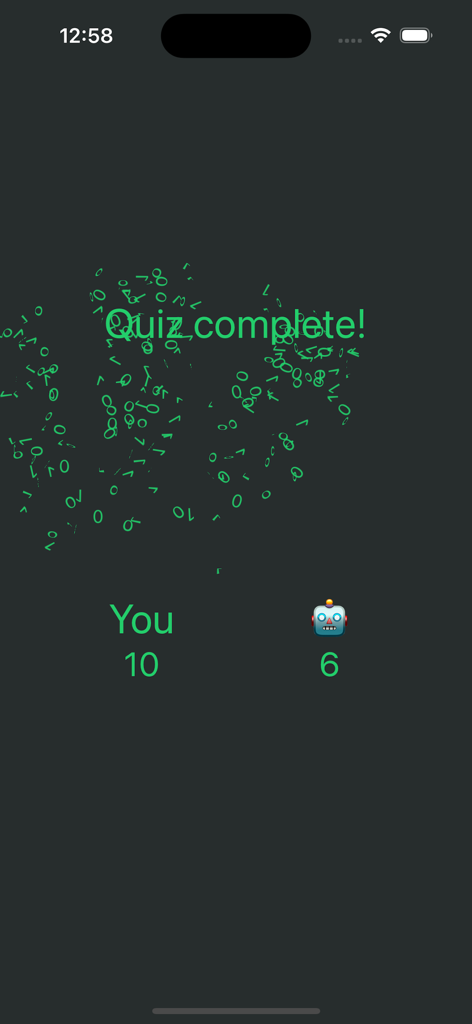 Are you SMARTER than an AI? - Quiz complete screen showing the player score of 10 and the AI robot score of 6.