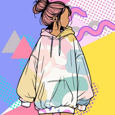 realistic girl with a oversized sweatshirt on and a bun