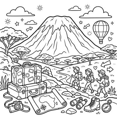 Prepare for an epic artistic journey with our Mount Kilimanjaro vacation coloring page, filled with hiking adventurers and travel essentials. This engaging scene is perfect for anyone dreaming of their next big exploration.