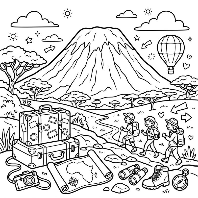 Prepare for an epic artistic journey with our Mount Kilimanjaro vacation coloring page, filled with hiking adventurers and travel essentials. This engaging scene is perfect for anyone dreaming of their next big exploration.