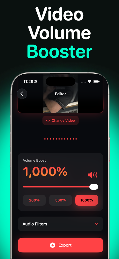Video Volume Booster app interface displaying 1000 percent audio boost control