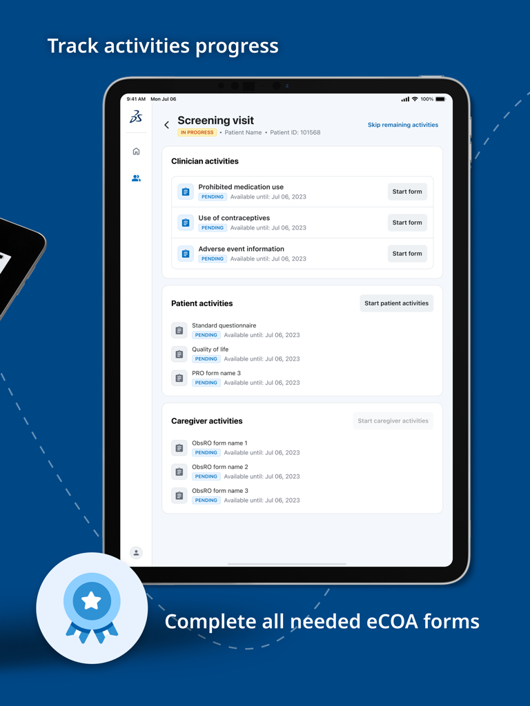 Medidata Platform - 메디데이터 플랫폼 앱이 iPad에 표시되며, 임상시험 진행 상황을 추적하기 위한 임상의, 환자, 보호자 활동 목록이 있는 스크리닝 방문 대시보드를 보여줍니다.