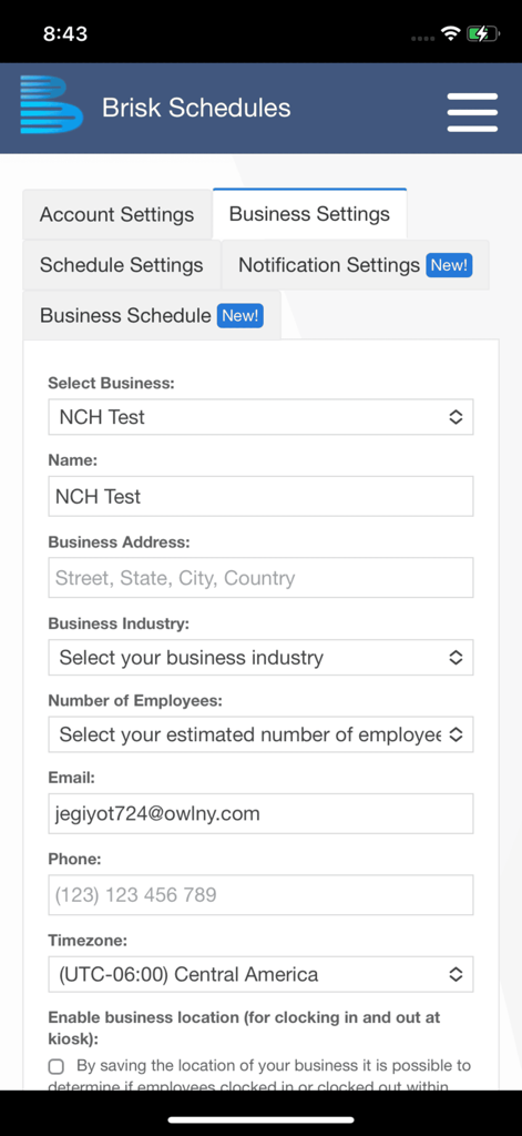Brisk Schedules - The business settings setup screen within the Brisk Schedules app showing fields for address industry and contact information