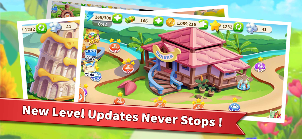 A colorful game map showing various restaurant levels and a banner announcing constant new level updates in Rising Super Chef 2.