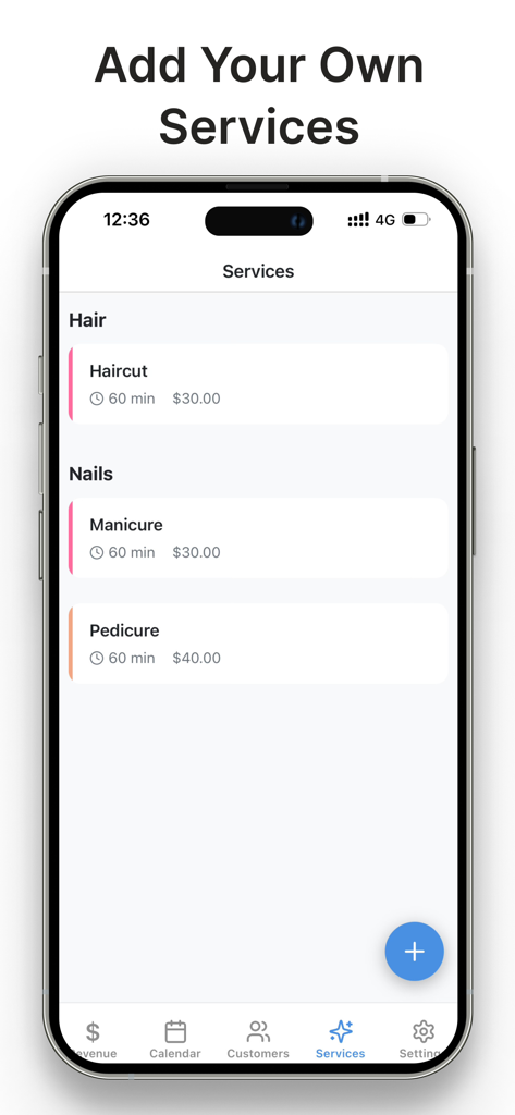 Salon Manager By CATronics - Salon Manager app interface showing customizable hair and nail services with prices and duration