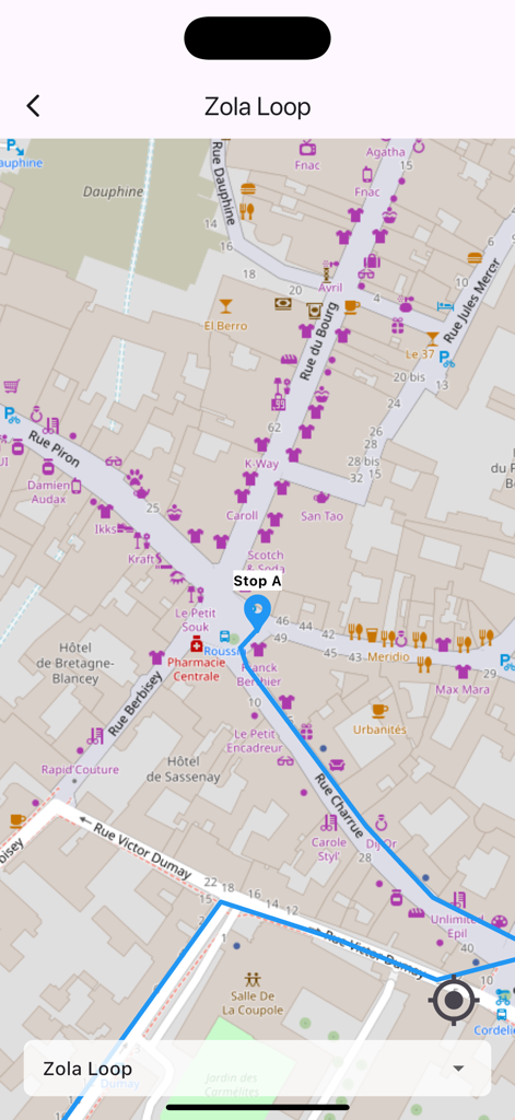 Dijon: The Owl's Trail - Map of the Zola Loop walking tour in Dijon showing the blue navigation route and tour stops