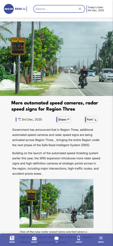NCN Guyana - NCN Guyana mobile app news article interface showing a report about automated speed cameras in Region Three