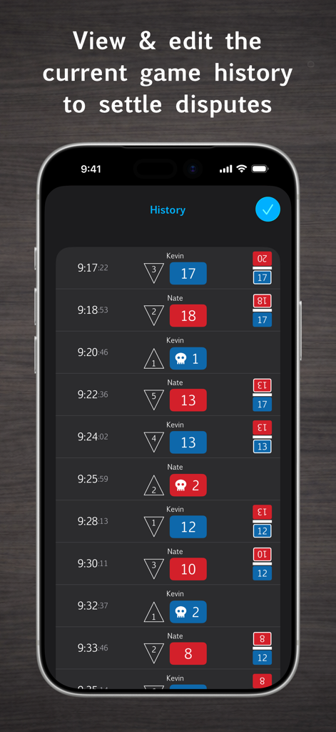 Mutility: MTG Life Counter - Detailed game history log screen showing chronological life changes and poison counters to settle player disputes in Mutility