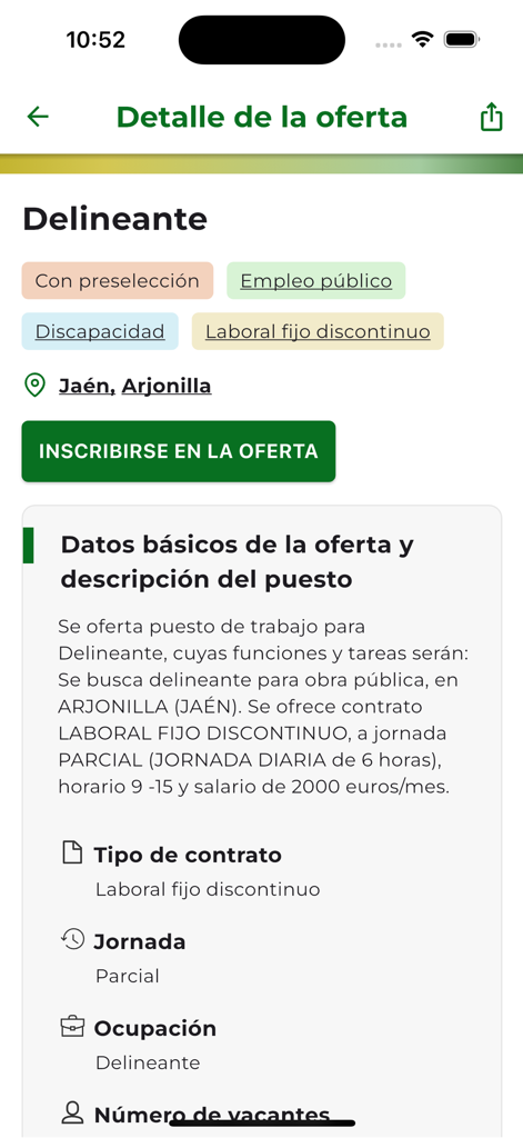 Una oferta de empleo para Delineante mostrada en la aplicación móvil del Servicio Andaluz de Empleo