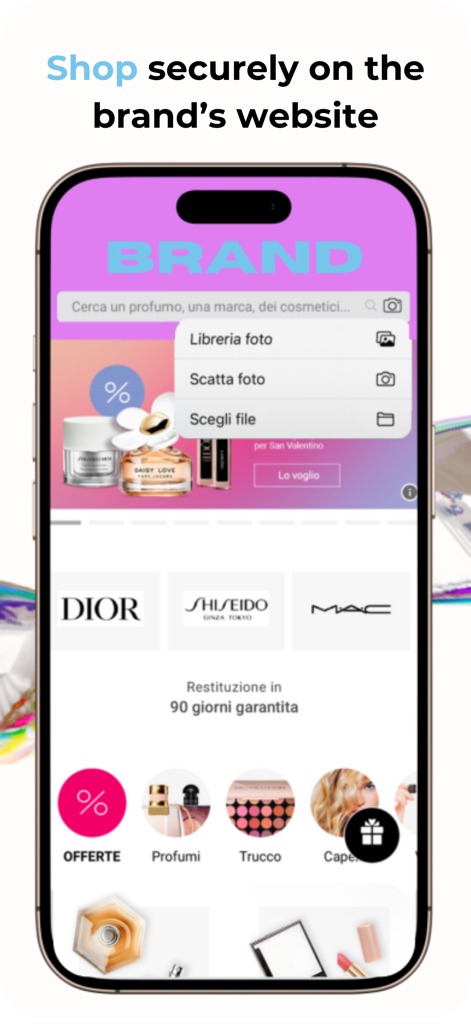 A smartphone screen showing the LOOKALIKE app interface with visual search options and popular beauty brands like Dior and MAC