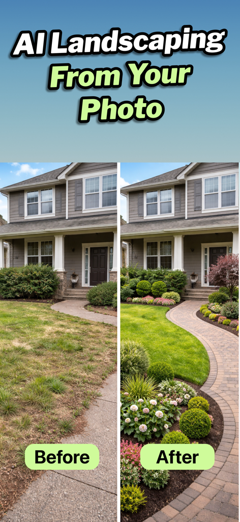 Scapes: AI Landscape Design - Una comparación lado a lado de un patio delantero antes y después de un rediseño de paisaje con IA.