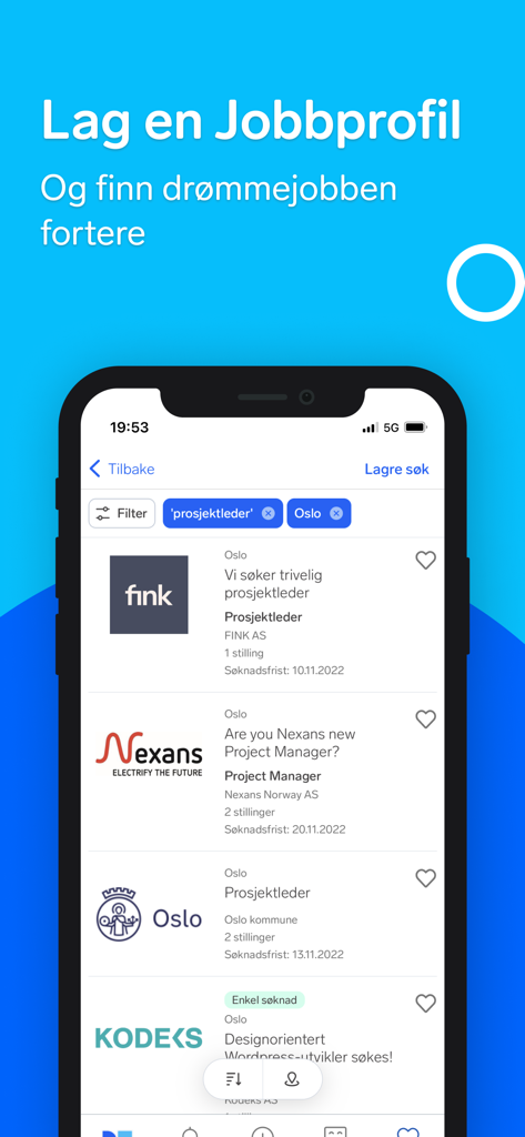 FINN.no - FINNアプリでオスロでのプロジェクトマネージャーの求人検索結果を表示するモバイル画面