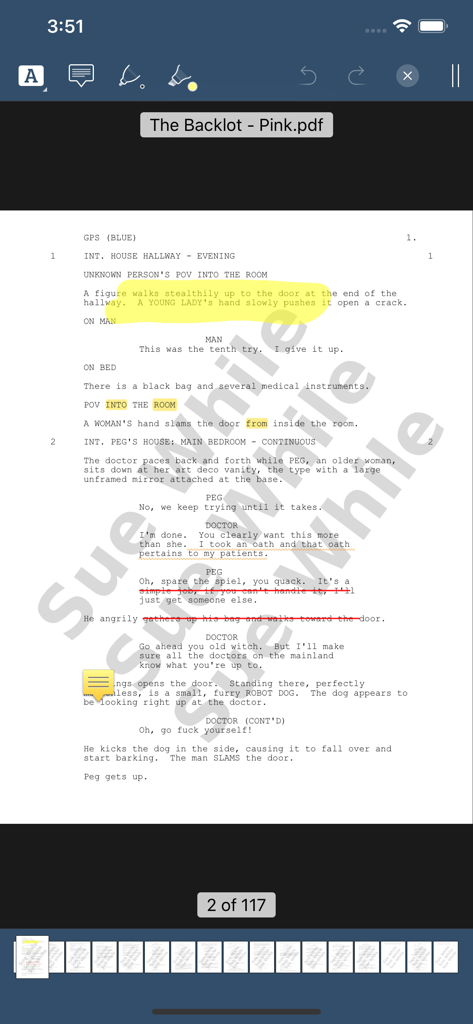 scenechronize - Digital script page with yellow highlights and sticky note annotations in a mobile production app interface.