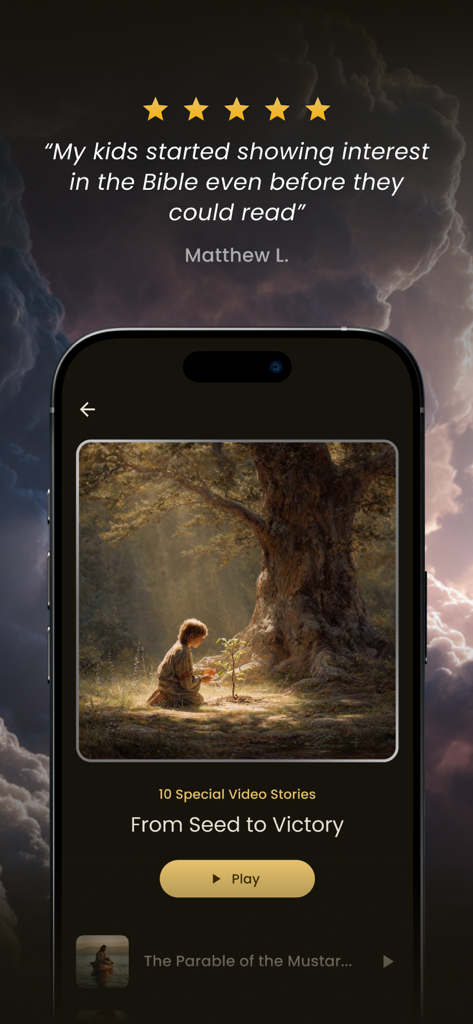 BeBlessedMe - BeBlessedMe 앱 인터페이스, 사용자 추천 및 "씨앗에서 승리로"라는 제목의 어린이용 비디오 성경 이야기 표시