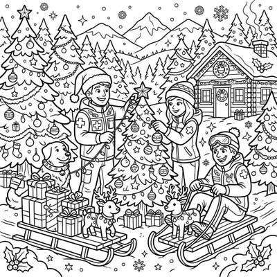 Get into the holiday spirit with our delightful Ski Patrollers Christmas coloring page! Watch as these winter heroes celebrate by decorating a festive tree and enjoying the snowy season.