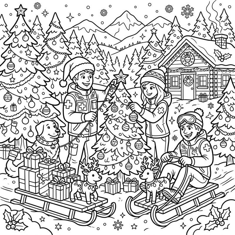 Get into the holiday spirit with our delightful Ski Patrollers Christmas coloring page! Watch as these winter heroes celebrate by decorating a festive tree and enjoying the snowy season.