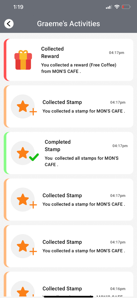 Activity log in the Digital Loyalty app showing collected stamps and a free coffee reward