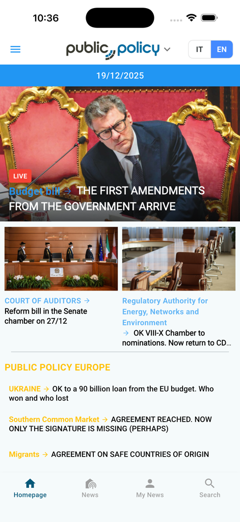 Public Policy News App-Homepage mit politischen und institutionellen Nachrichten aus Italien und Europa