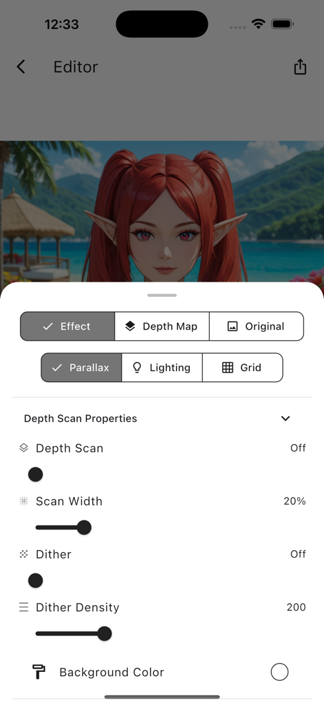 Interface of the Live 3D Photo Animator Editor app showing depth scan and parallax animation settings for a portrait photo.
