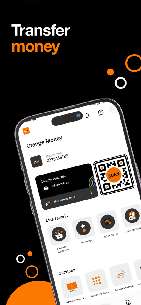 Orange Max it - Madagascar - Interface de l'application Orange Max it affichant les services de transfert d'argent et de portefeuille mobile