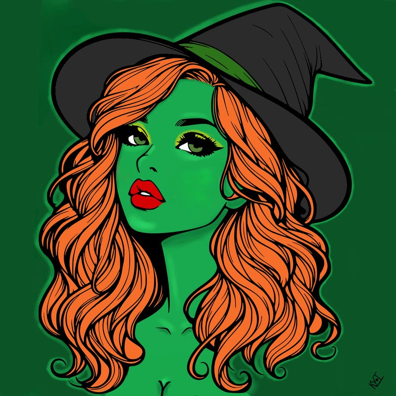 realistic witch girl with wavy hair and lips