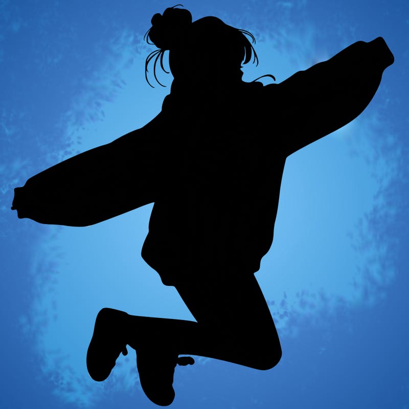 realistic girl jumping with a bun and oversized sweatshirt