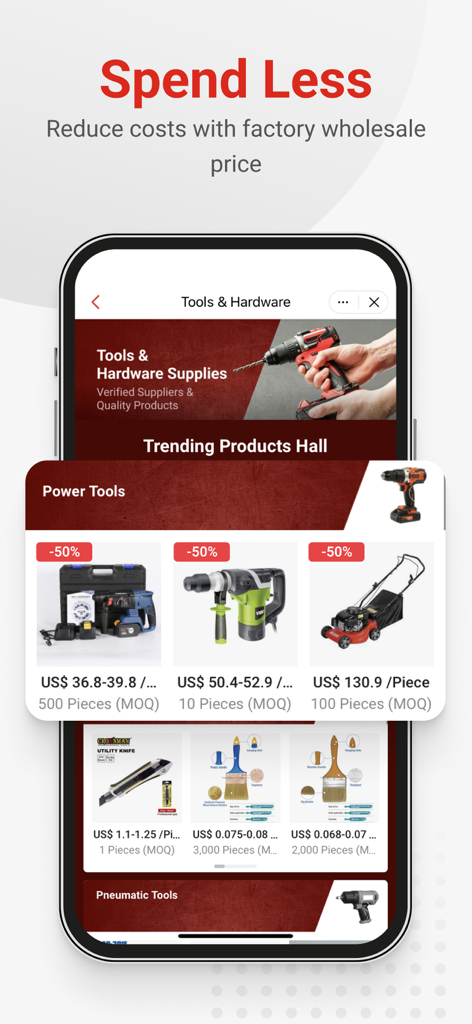 Capture d'écran de l'application Made-in-China affichant des outils électriques et de la quincaillerie en gros, avec prix d'usine et quantités minimales de commande.