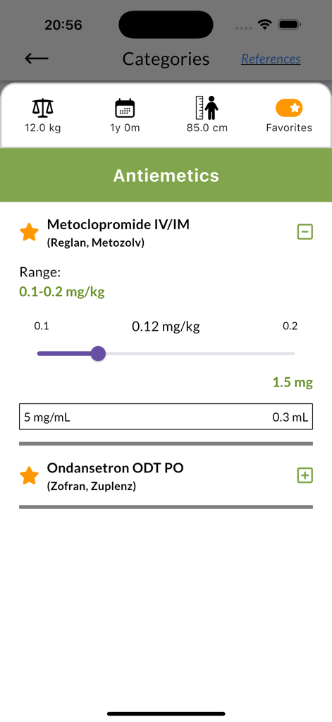 Pedi STAT EMS - 小児薬剤用量および量計算画面。