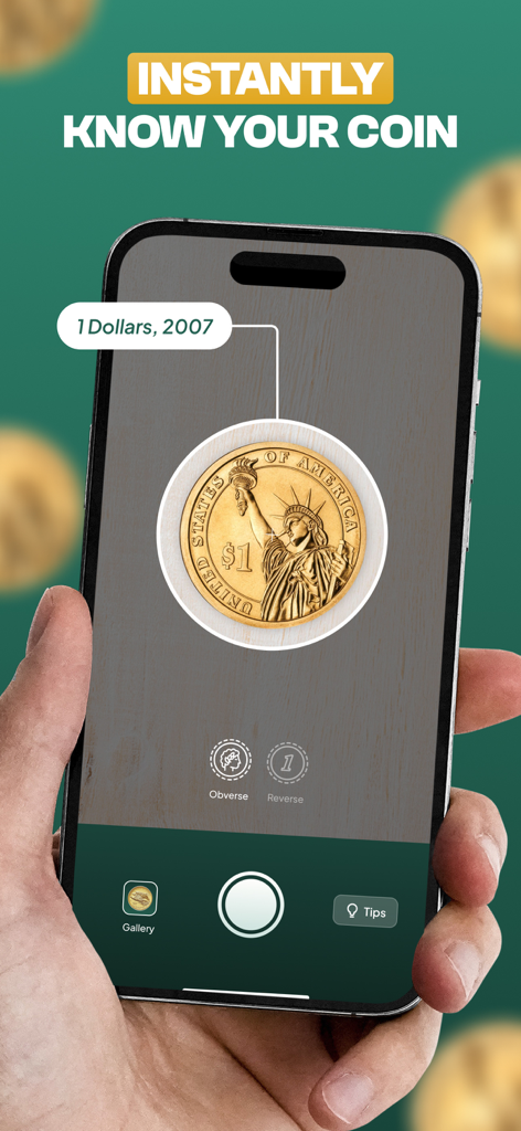 CoinID AI Coin Identifier - A hand holding a smartphone using the CoinID AI app to scan and identify a 2007 US one dollar coin