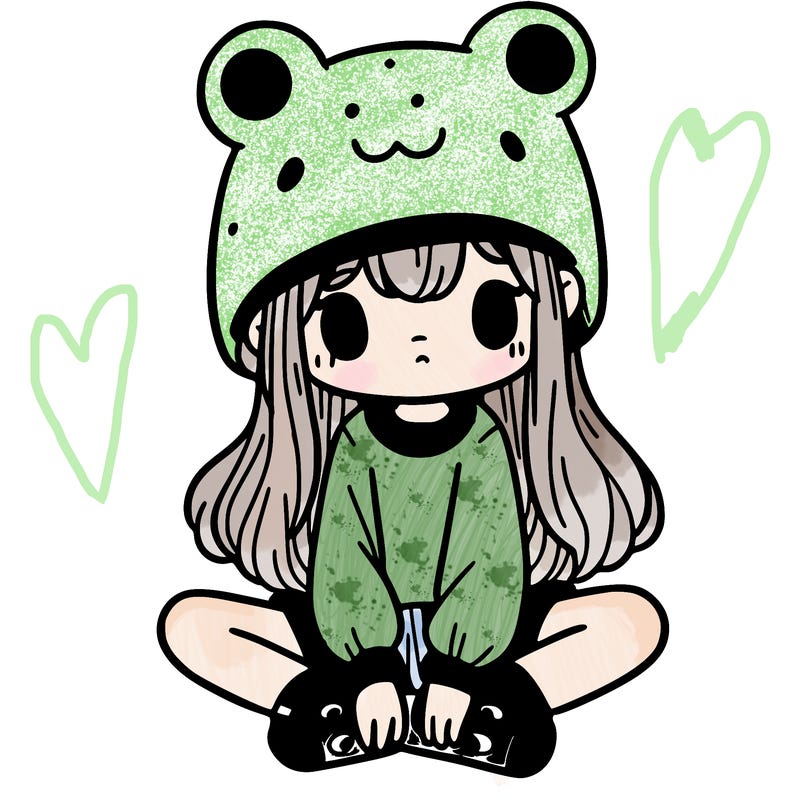 a girl wearing a frog hat and some frog socks