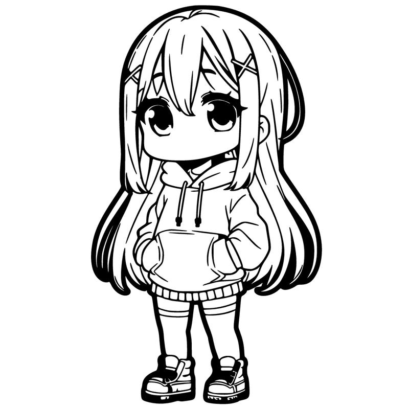 'cute anime girl with baggy clothes and pink at the bottom of her hair and cute smile