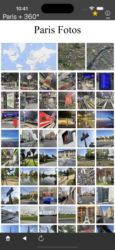 A grid of photos and maps showing various landmarks and city scenes in Paris for travel planning within the app