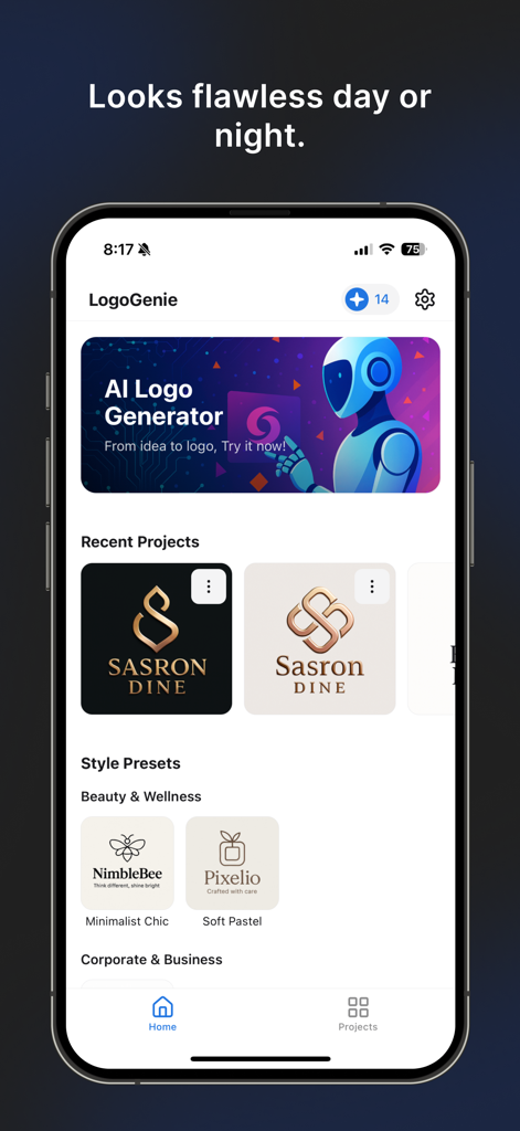 LogoGenie - AI Logo Generator - The home screen of LogoGenie app displaying AI logo creation tools, recent projects, and style presets.