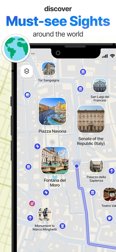 Interfaccia della mappa dell'app Tourly che mostra monumenti storici e un percorso a piedi a Roma.