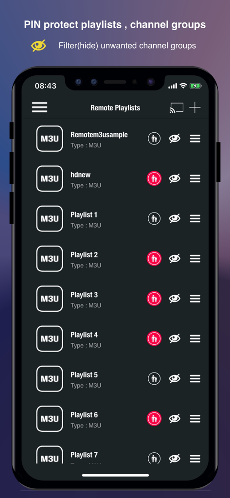 Interface de gestion des listes de lecture à distance de GSE SMART IPTV PRO montrant la protection par code PIN et les options de filtrage des chaînes
