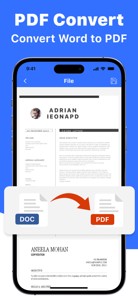 Documents - Create & Edit - Schermata dell'iPhone che visualizza una funzione di conversione da Word a PDF all'interno dell'interfaccia dell'app Documenti