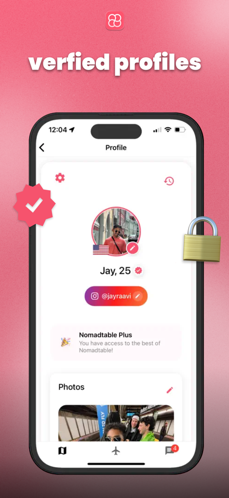 nomadtable: travel friends - Nomadtable app interface showing a verified user profile with a security padlock icon to emphasize safety for solo travelers