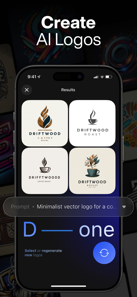 La interfaz de la aplicación IA DaVinci que muestra cuatro diseños de logos minimalistas de café generados a partir de una indicación de texto.