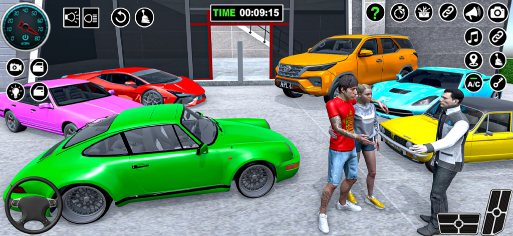 Car Dealer Job Simulator Games - Car dealer interacting with customers in a showroom lot featuring a variety of colorful luxury and sports cars