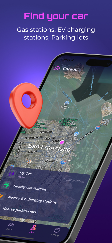 CarKey Digital Car Key Connect - Vista de mapa de la aplicación CarKey mostrando la ubicación del vehículo y estaciones de carga cercanas en San Francisco