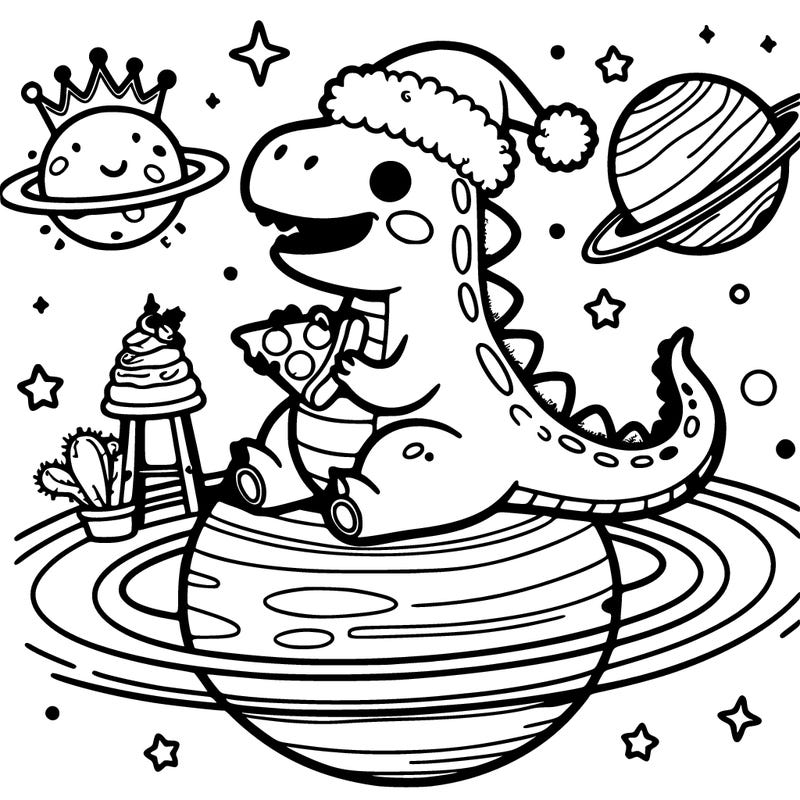 dinosaur riding a dragon eating pizza wearing a santa hat and crown while in the solar system