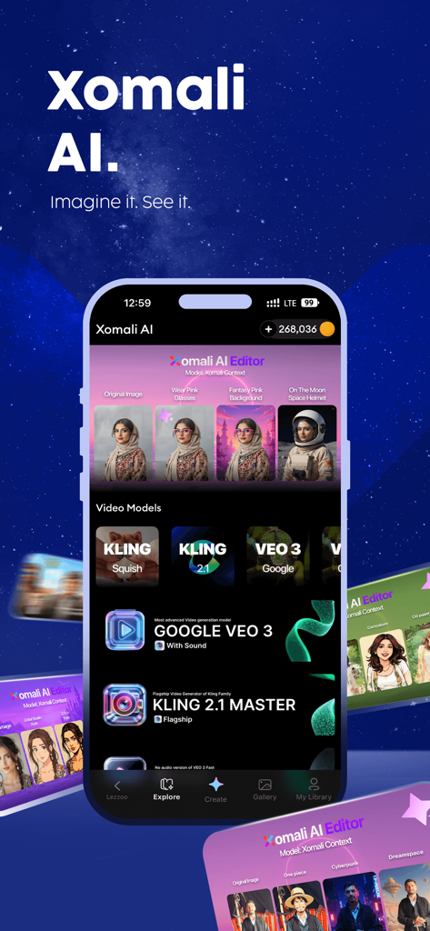 Lezzoo App-Oberfläche mit der Xomali AI-Funktion zur Bildbearbeitung und Videoerstellung mit den Modellen Google VEO 3 und KLING 2.1.
