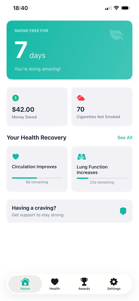 SmokeFree Journey app dashboard showing 7 days smoke free with money saved and health recovery metrics.