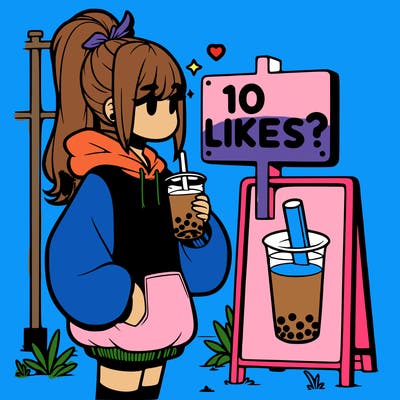 girl with oversized hoodie drinking boba and she has a high ponytail with a sign that says 10likes?