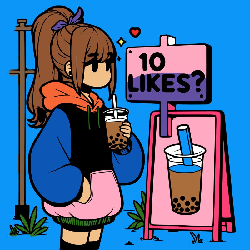 girl with oversized hoodie drinking boba and she has a high ponytail with a sign that says 10likes?
