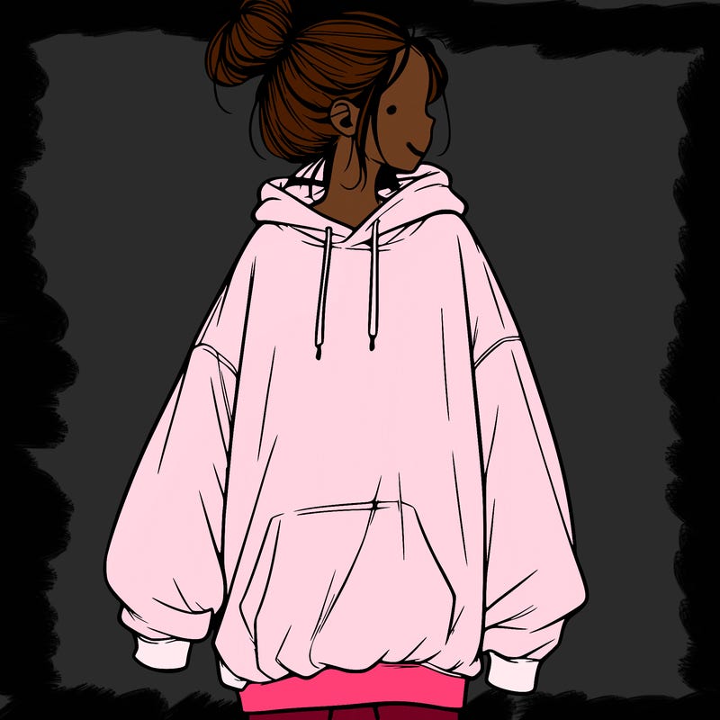 realistic girl with a oversized sweatshirt on and a bun