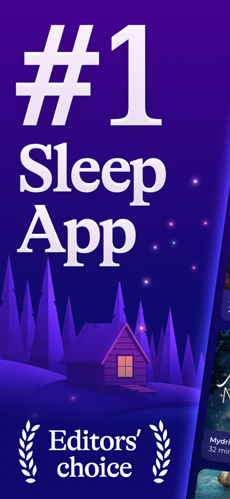 Sleepiest: Sleep Meditations - Promotional screen for Sleepiest app featuring number one sleep app and editors choice text over a nighttime cabin illustration.